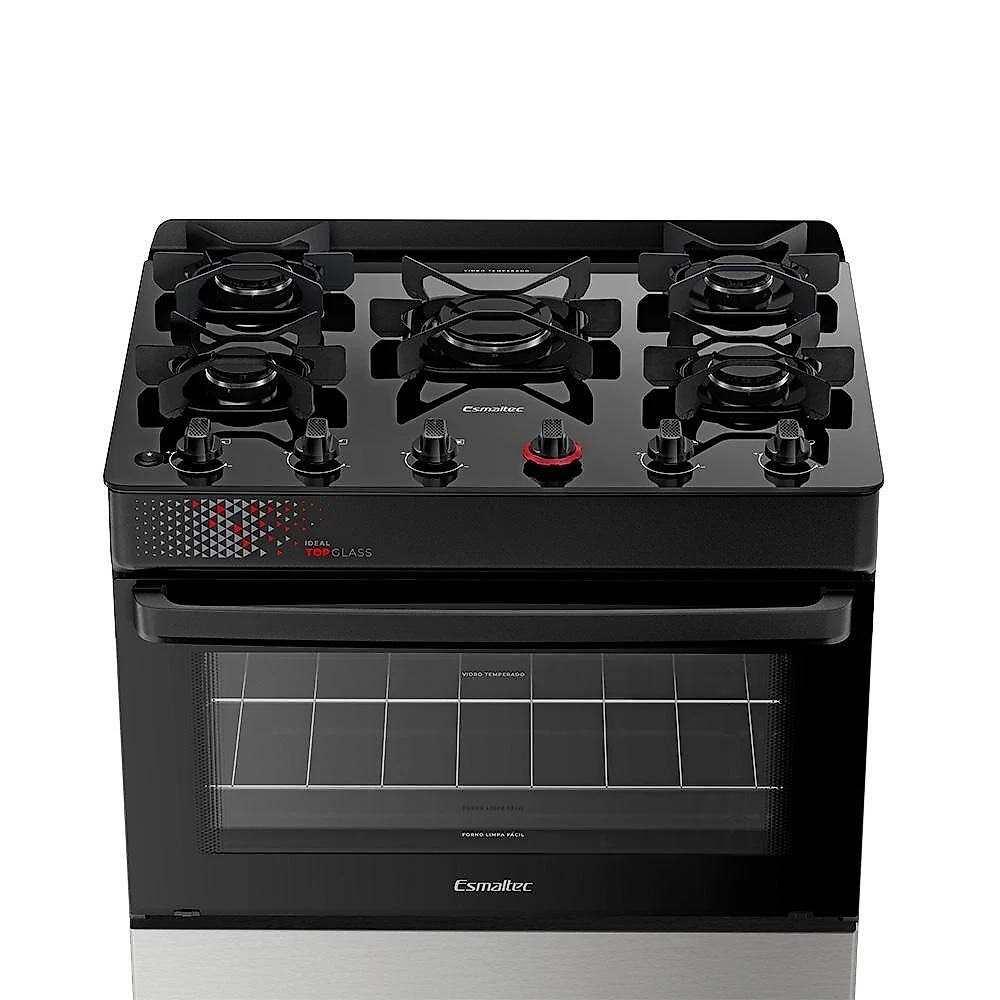 Fogão A Gás Mesa De Vidro Forno 84l Esmaltec Ideal Top Glass Inox 5 Bocas Bivolt