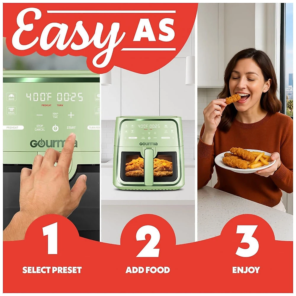 Fritadeira Elétrica Air Fryer Gourmia Verde 7,6L Janela com Luz 8 Programas FryForce 360 1700W 110V