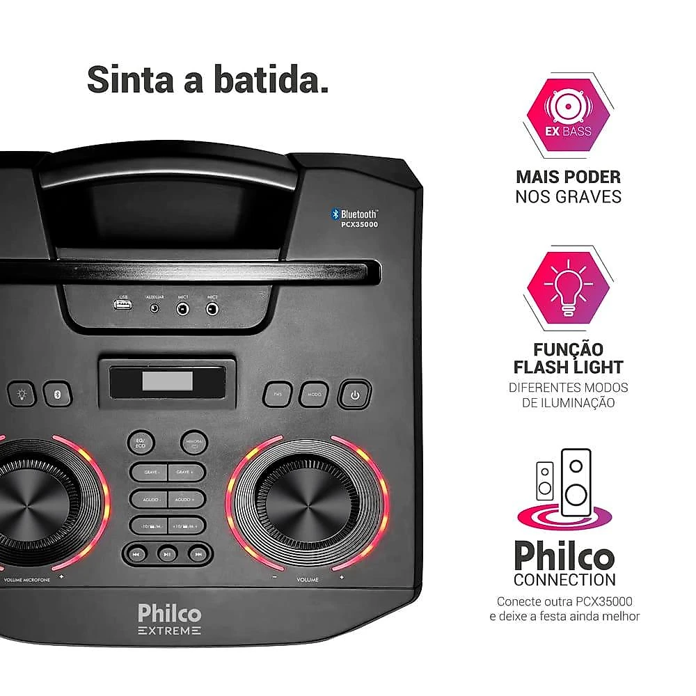 Caixa de som amplificada philco pcx35000 bluetooth 3500w rádio fm função ex bass e flash light bivolt