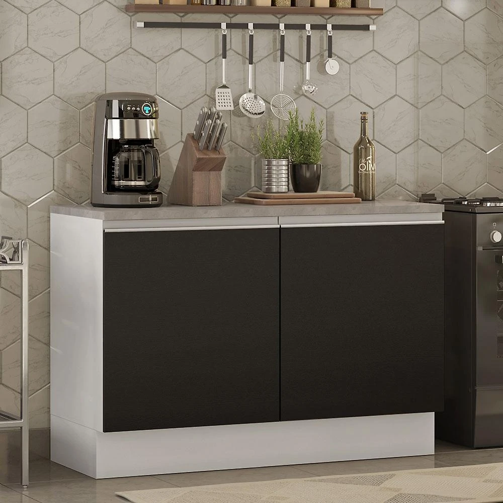 Balcão de pia armário de cozinha 120 cm 2 portas (com tampo) branco/preto glamy madesa