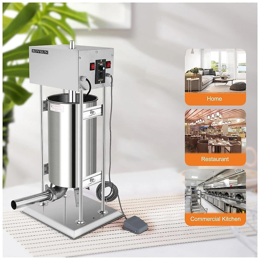 Máquina de Fazer Linguiça Elétrica ROVSUN 10L, Aço Inoxidável com Capacidade de 15,4 libras, Velocidade Ajustável e 5 Tubos de Enchimento,