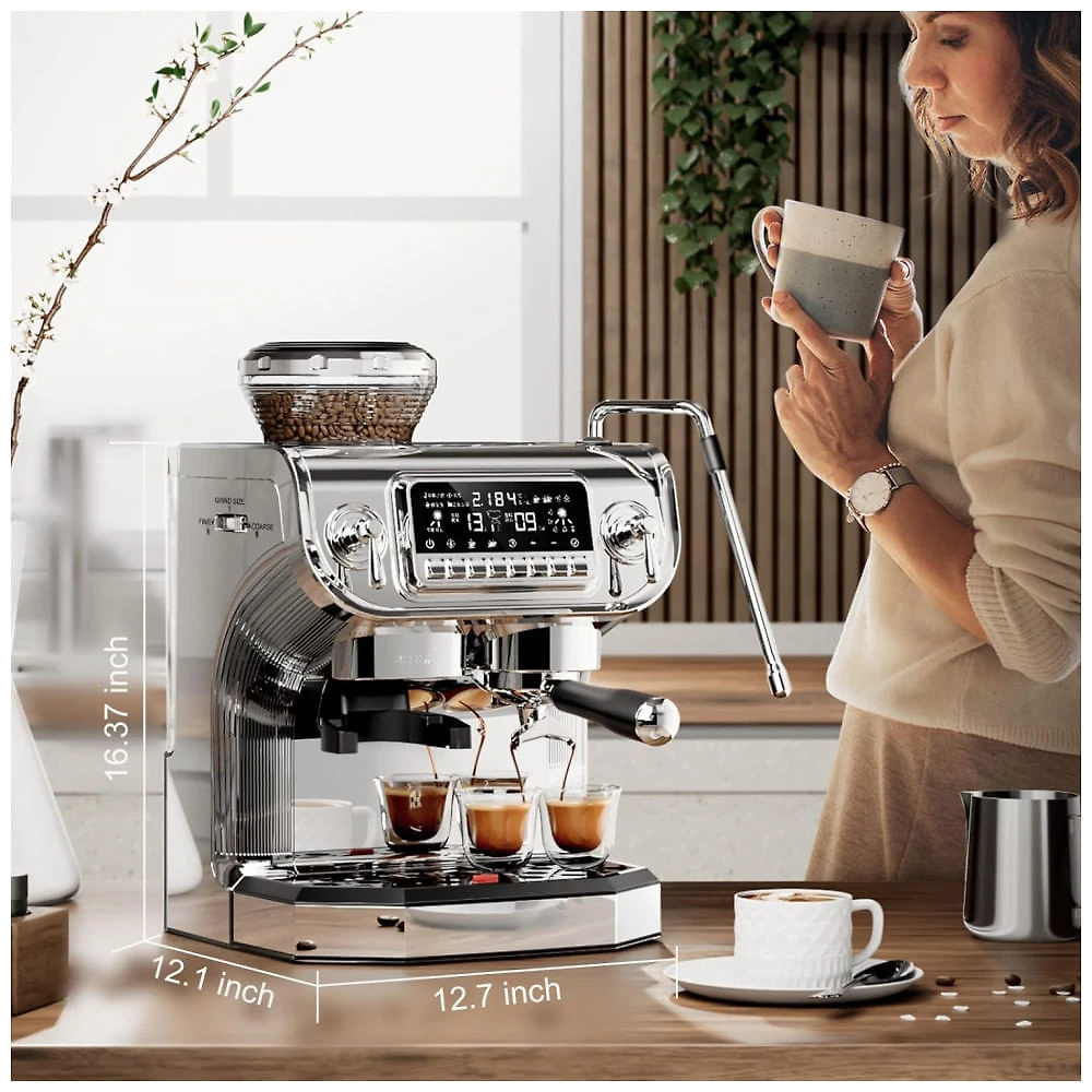 Miniatura Máquina de Café Expresso Semi Automática 15 Bar com Moedor Embutido e Bocal de Leite, 110V 1450W, Mcilpoog TC520, Prata