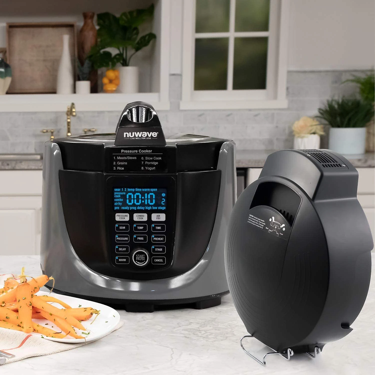 Nuwave Duet Pressure Cook and Air Fryer Combo Cook Stainless Steel Pot e Rack NonStick Air Fryer Basket Steam Sear Saute Slow Cook Roast Grill Bake Dehydrate Pressure Cook e Air Fry