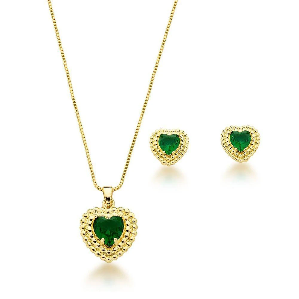 Conjunto Colar E Brincos Coração Verde Escuro Banhado A Ouro 18k