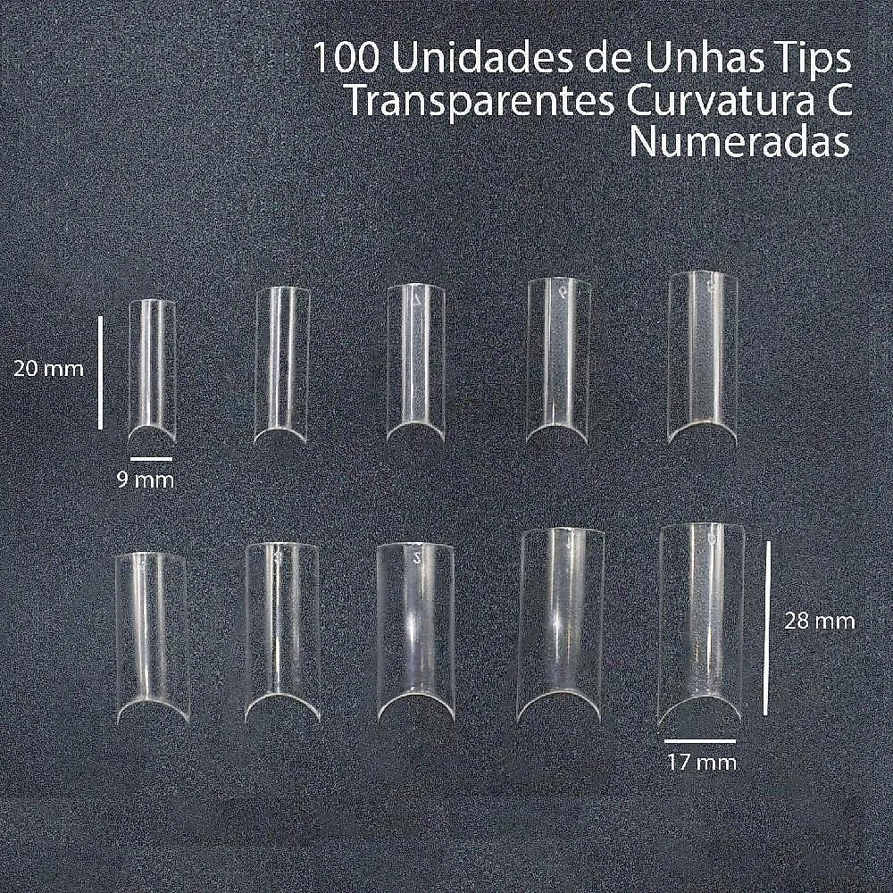 Tips para Alongamento de Unhas Kit 100 Unidades Curvatura C Transparente Plástico Abs Yeet