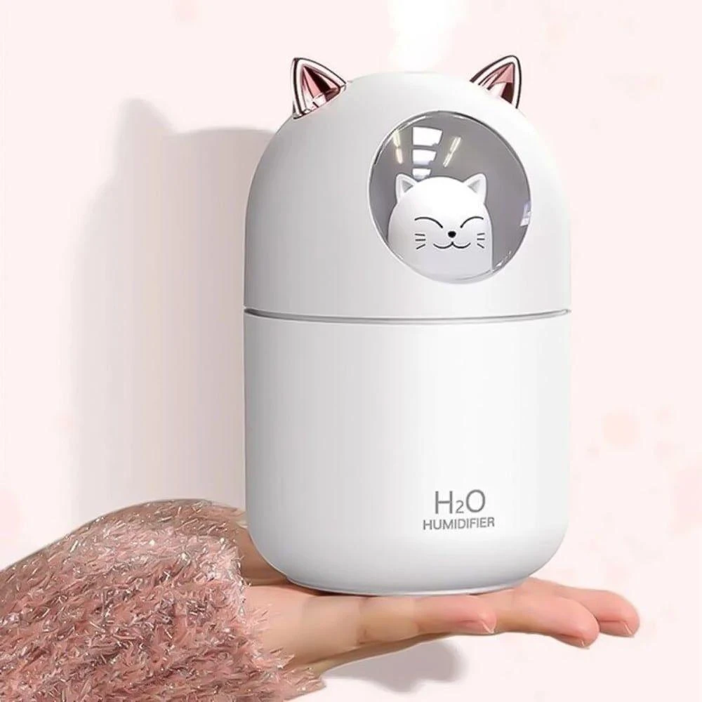 Umidificador de Ar Infantil Utimix 0,3L Difusor Gatinho com Luz RGB USB Rosa Branco DC5V
