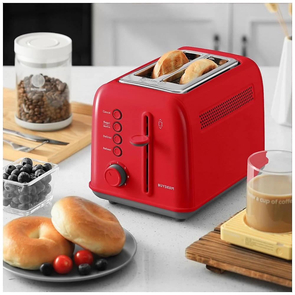 Torradeira BUYDEEM DT620 Vermelha 2 Fatias com Fendas Largas, Função Bagel e Muffin, Bandeja de Migalhas Removível e 7 Níveis de Tostagem, 120V