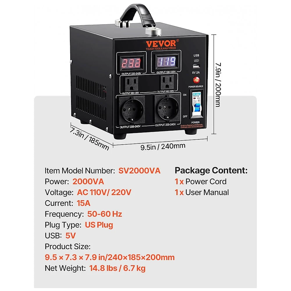 Transformador (Conversor) de Voltagem VEVOR 2000W Elevação/Redução 110V para 220V/220V para 110V 2 US 2 EU USB Type-C 2 LED CE FCC VEVOR-507ab118.