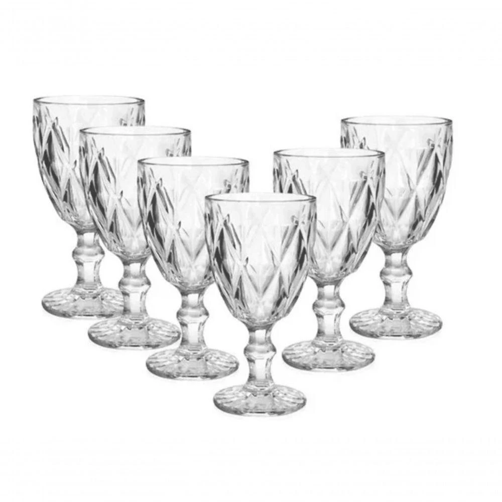Jogo 6 Taças De Vidro 340ml Cristal Diamante Vinho Suco água 340ml