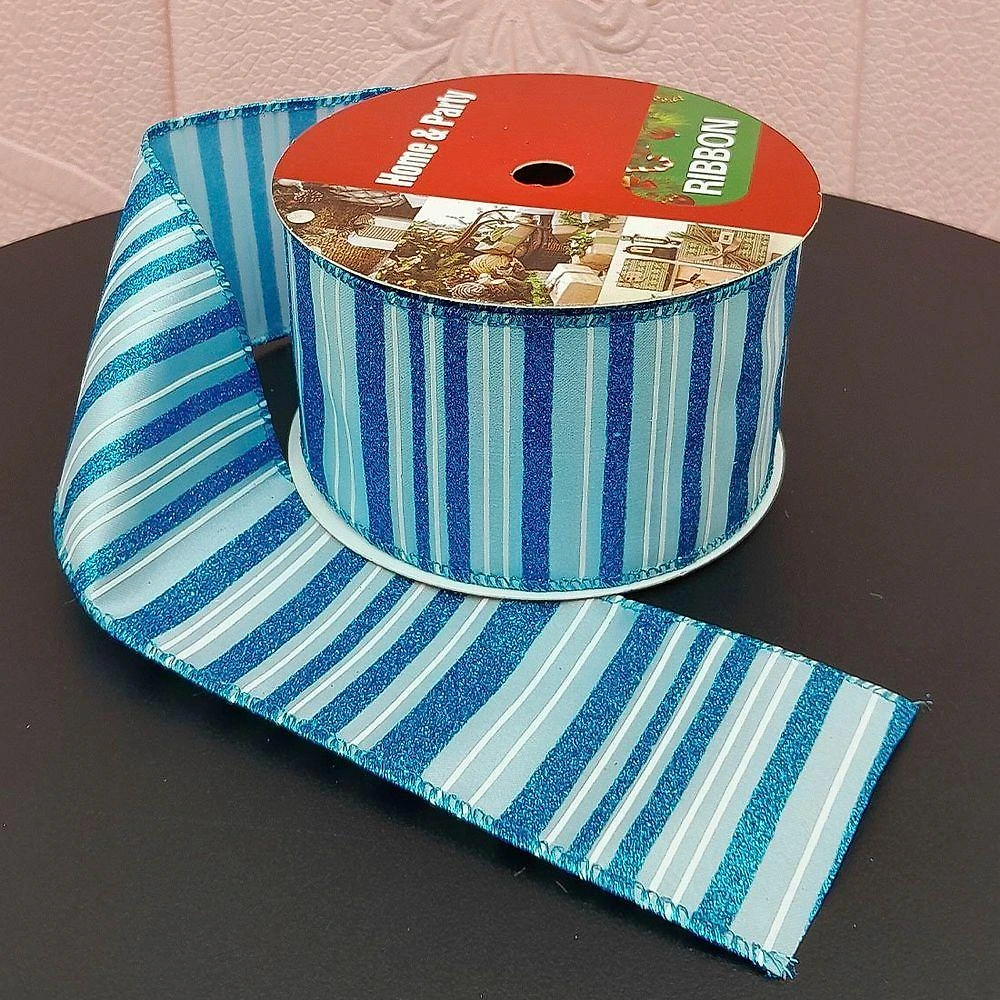 Rolos Fita Aramada Natalina Listrada Azul 6,3cm 9m Kit 2pçs