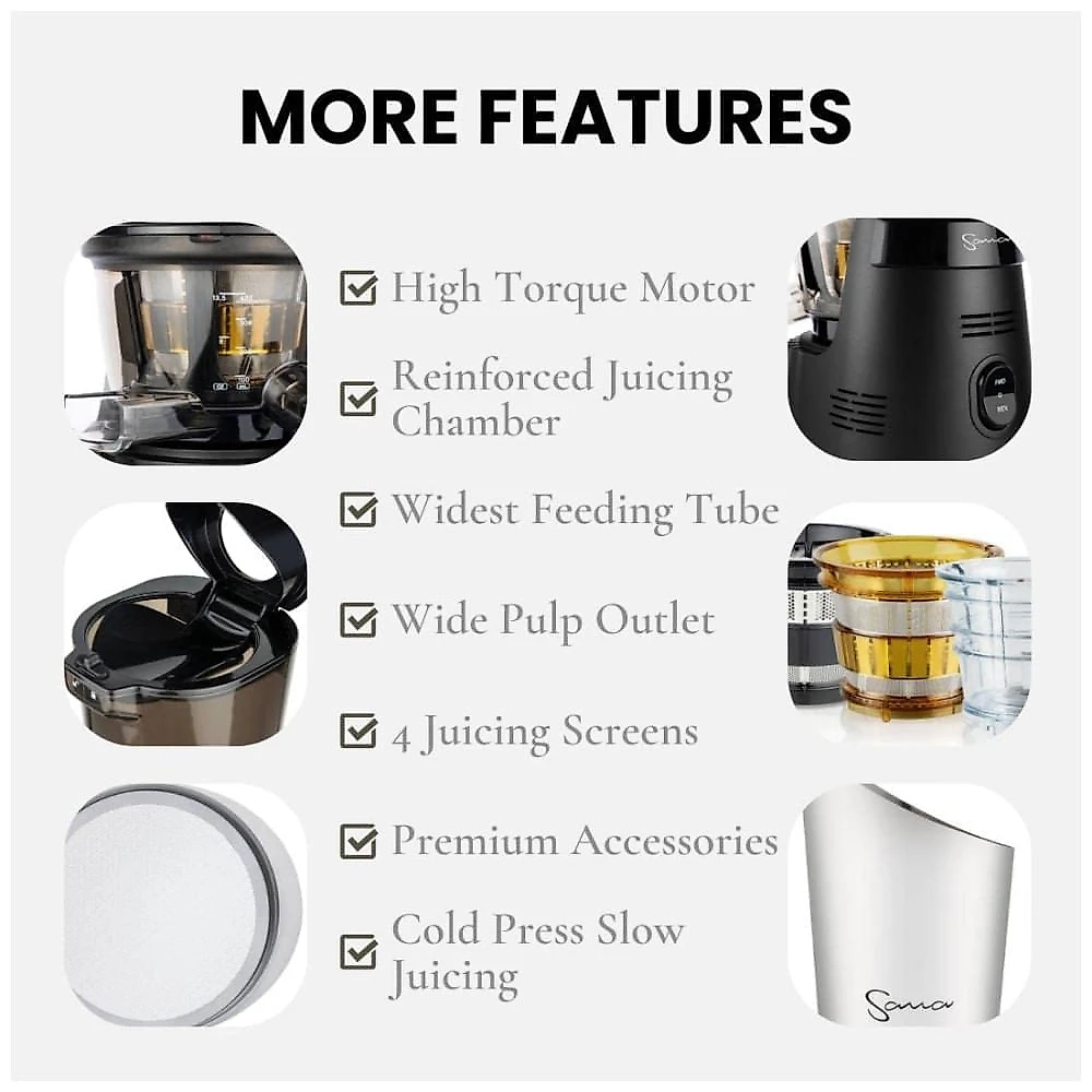 Centrifuga de Frutas com Boca Larga, Sistema de Alçapão Patenteado e Inclui 2 Acessórios Premium, 110V 240W, SANA, Preta