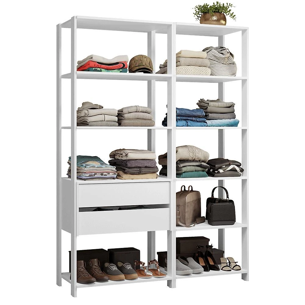 Guarda-roupa closet modulado 2 gavetas 9 prateleiras 129 cm branco valencia madesa