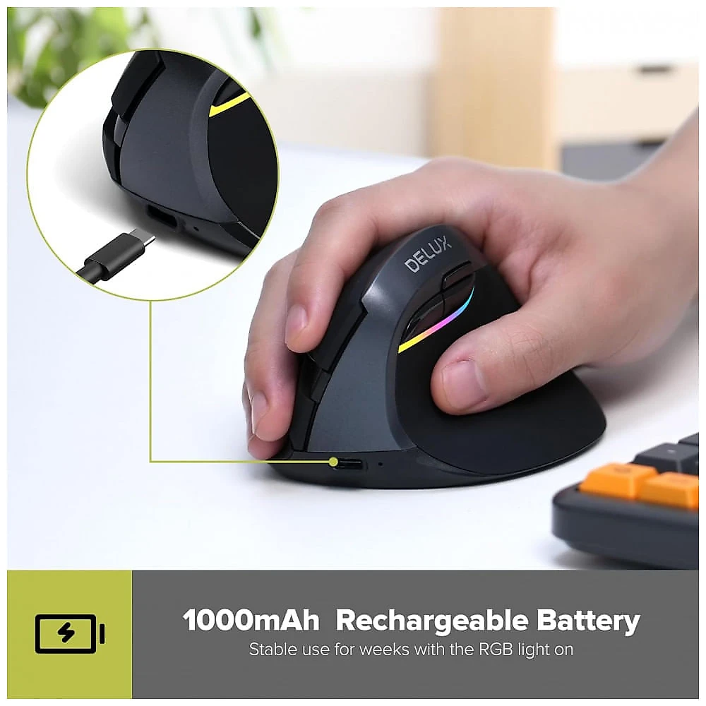 M618 Mouse Ergonômico Vertical sem Fio Reduz a Tensão do Pulso com Botões Silenciosos, 800, 2400 DPI 6 Botões, DELUX M61...
