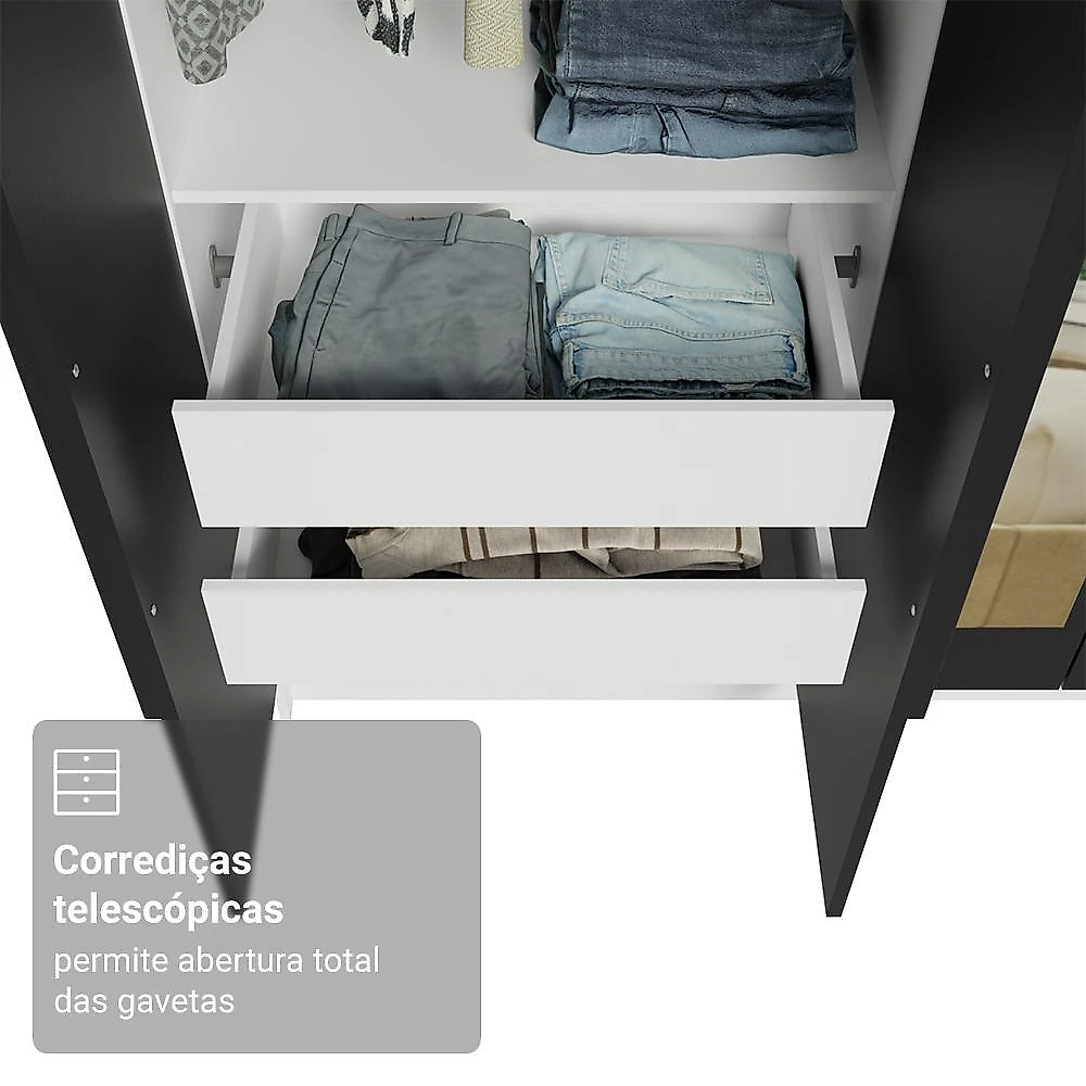 Guarda-roupa solteiro 4 portas batentes com espelho branco/preto/preto venus madesa