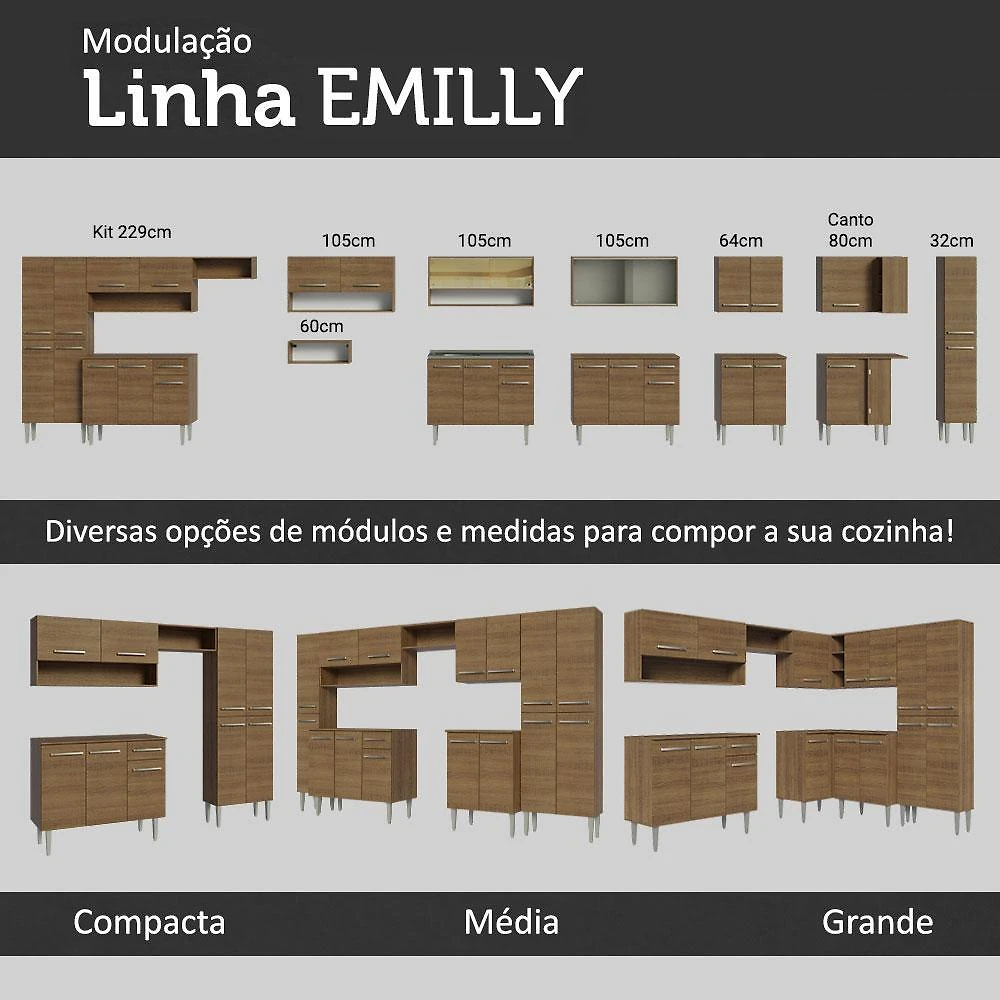 Armário de cozinha aéreo 2 portas de correr de vidro reflex rustic emilly madesa