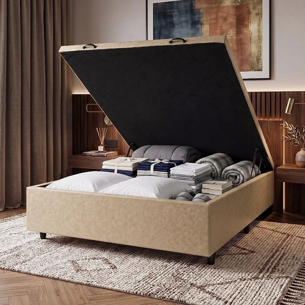 Cama Box com Baú Casal 1,38m em Revestimento Sintético Estrutura em Madeira Bege Caramelo Prince