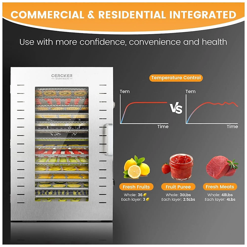 Desidratador Comercial Cercker 16 Bandejas Prata 1500W 316 Aço Inoxidável 110V