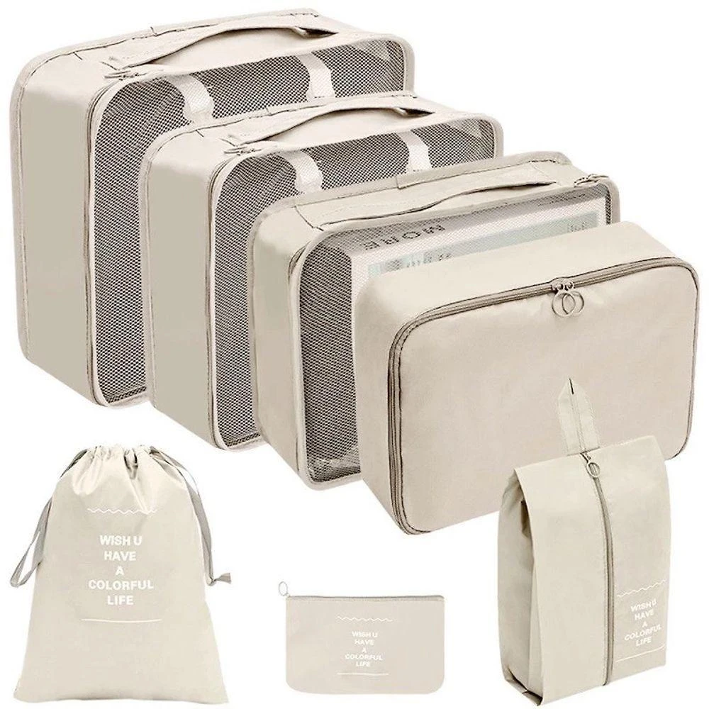 Kit Organizador de Mala OEM 7 Peças em Nylon Bege para Bagagem e Roupas em Viagem