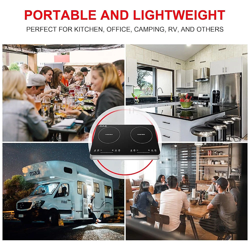 Cooktop de Indução Elétrico com 10 Níveis de Aquecimento, 2 Queimadores e Trava de Segurança para Crianças, 110V 1800W...