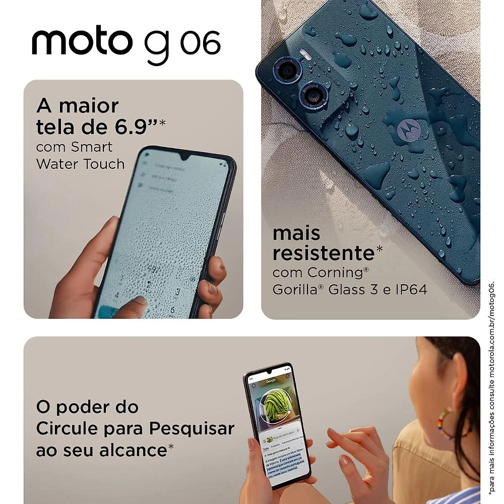 Smartphone motorola moto g06 4g tela 6,9” 256gb câmera 50mp verde