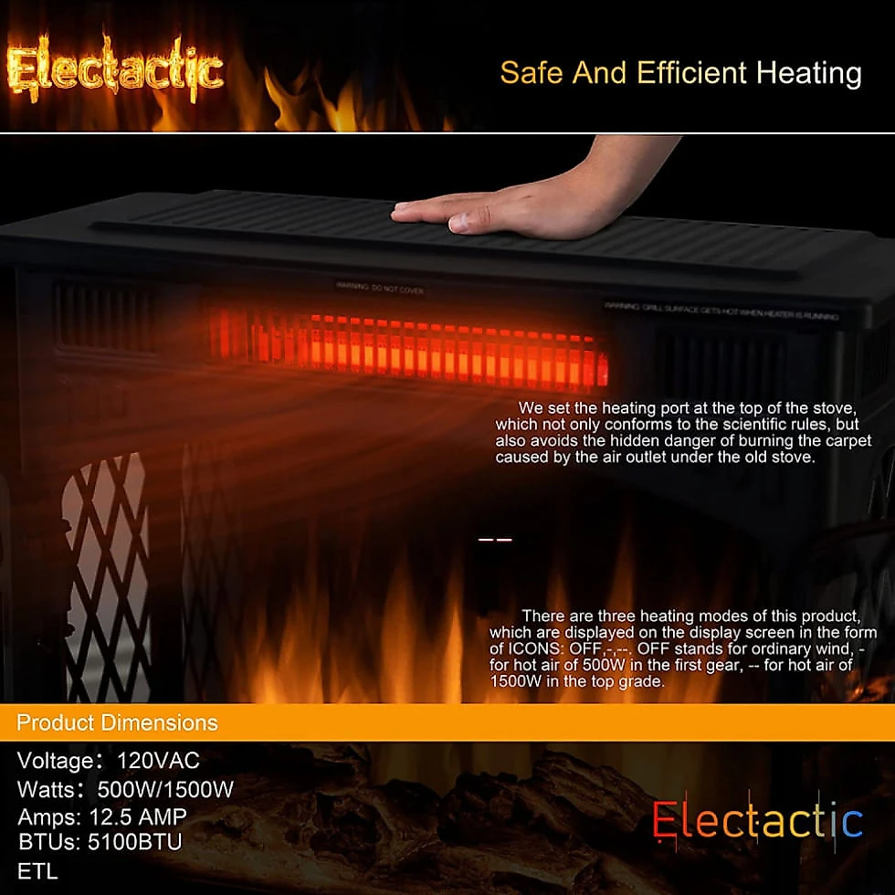 Lareira Elétrica com Controle Remoto e Chamas 3D Ajustável, 1500W, 110v, Electactic, Preto