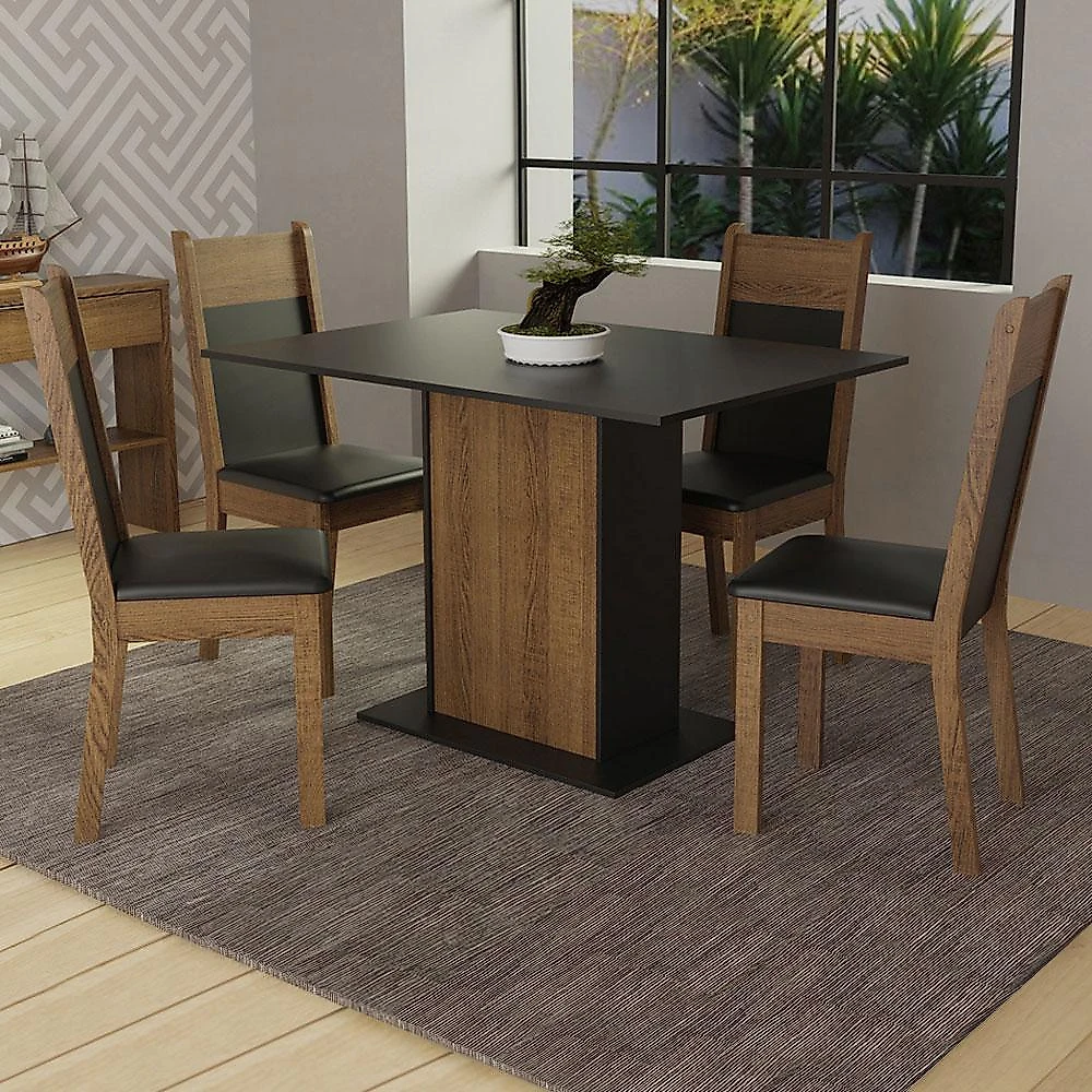 Conjunto sala de jantar madesa sheila mesa tampo de madeira com 4 cadeiras - rustic/preto preto/rustic