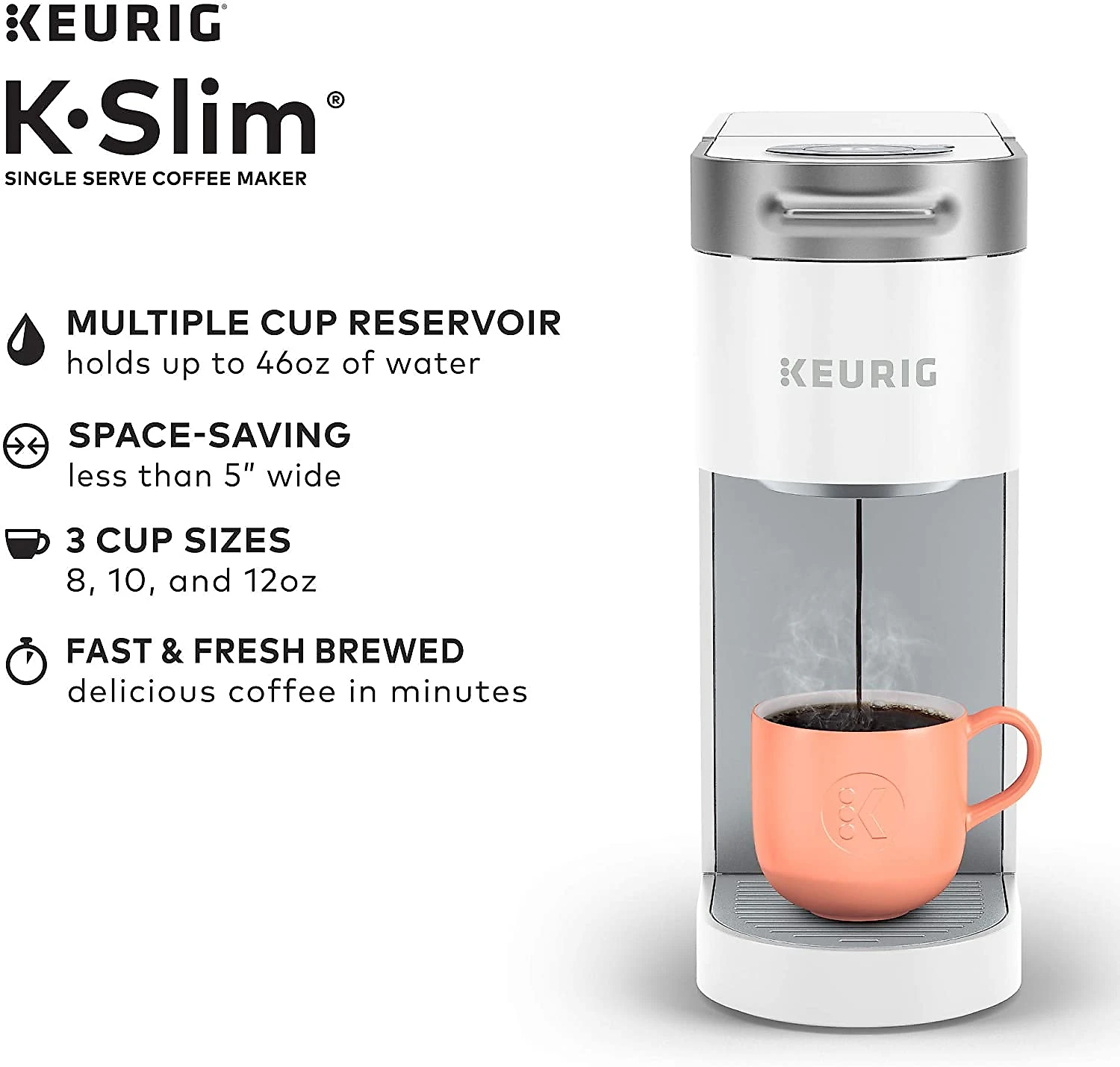 Keurig KSlim Coffee Maker Single Serve KCup Pod Coffee Brewer 8 to 12oz Brew Sizes White