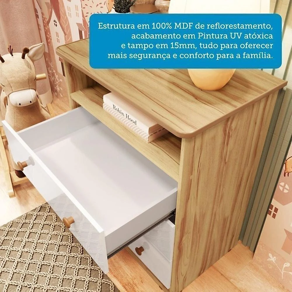 Quarto de Bebê com Cômoda 3 Gavetas e Berço Americano 100% Mdf Teka Espresso Móveis Branco Brilho/Amêndoa