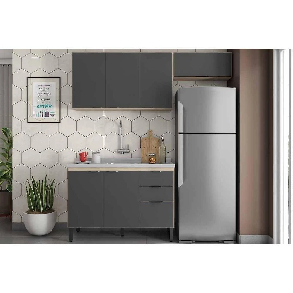 Kit Cozinha Firenze 3 Portas 2 Gavetas MDP 120CM Avena e Grafito Demóbile