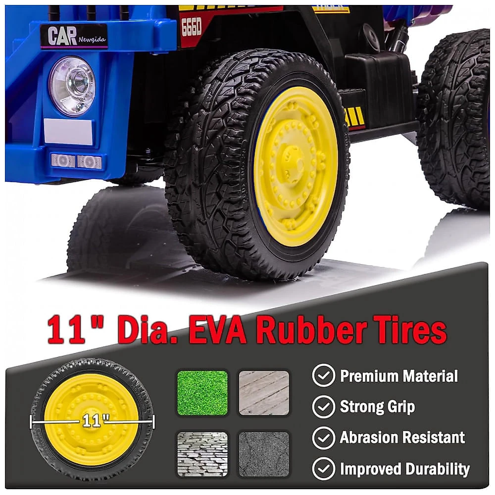 Caminhão Basculante Infantil Elétrico NEWQIDA Azul 24V 2 Motores Pá Remota Caçamba Elétrica Bluetooth LED Bancos 19"