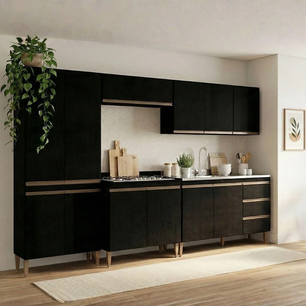 Armário de Cozinha Milão 5 Portas 3 Gavetas MDP-MDF 280CM Preto
