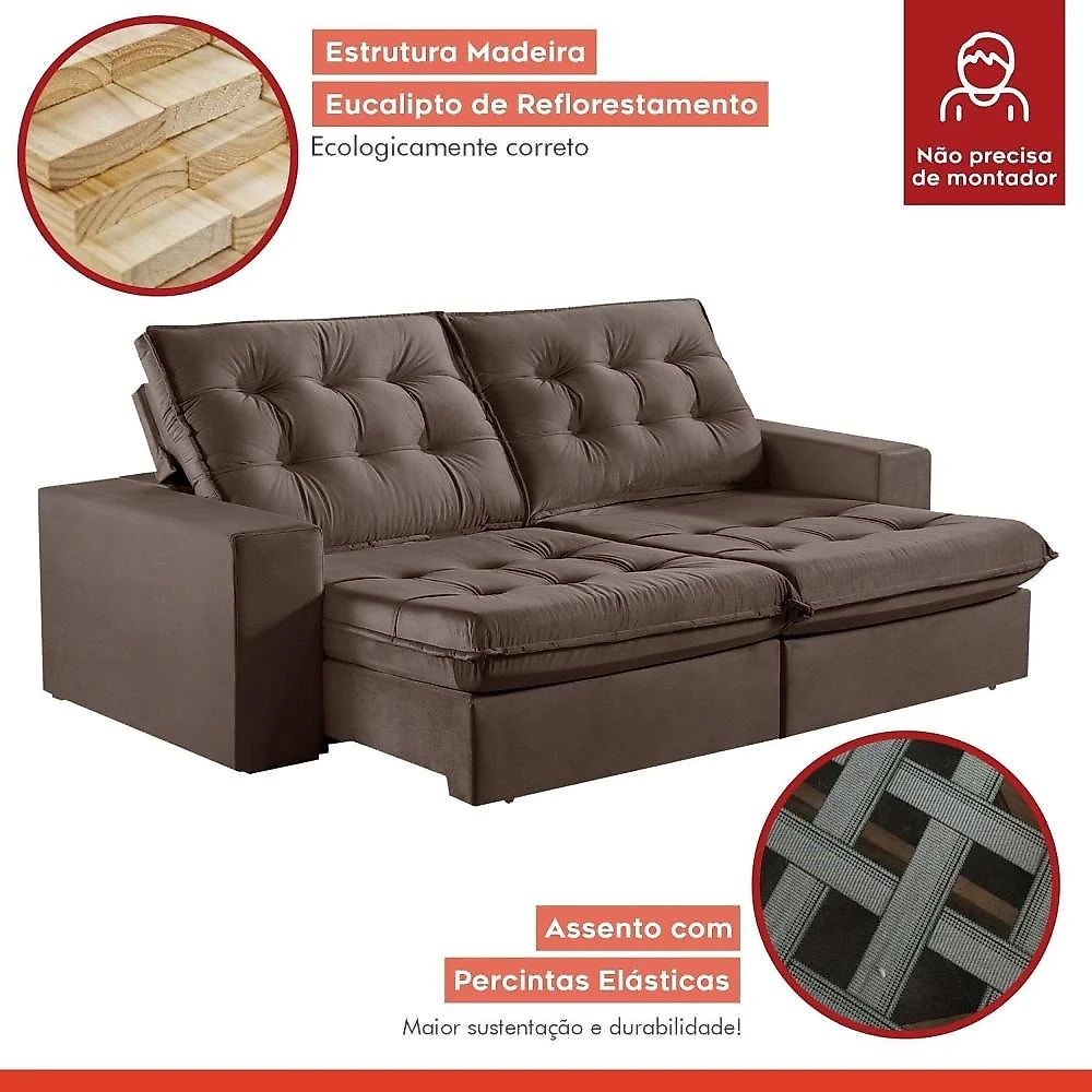 Sofá Retrátil e Reclinável Modulado 290cm Pés em Madeira Maciça Capri Sofá Retrátil e Reclinável 290cm M165 Veludo/Marrom Escuro