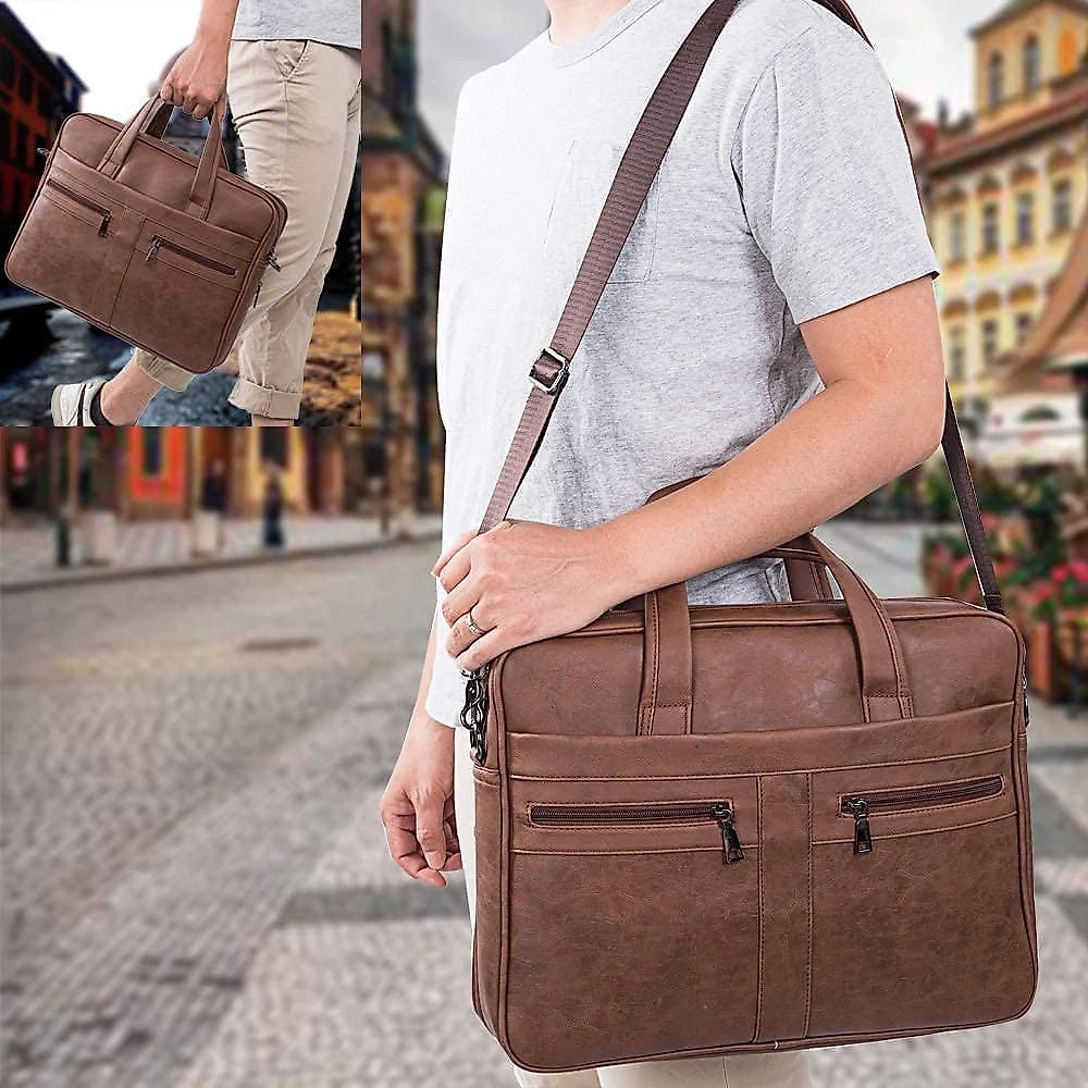 Seyfocnia BolsaMaleta de Couro Genuíno Masculina para Laptop 43 cm Marrom