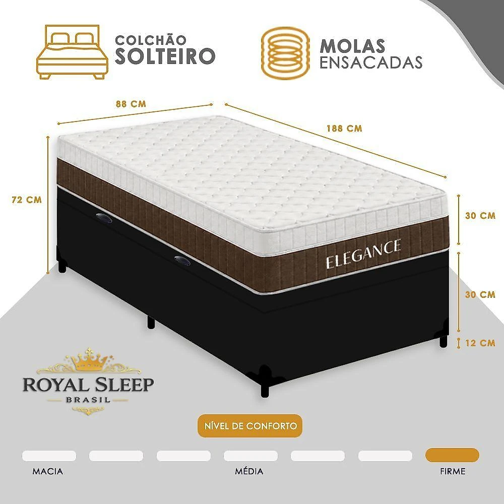 Cama Box com Baú Solteiro Elegance Euro Pillow Molas Ensacadas Tecido Off White Royal