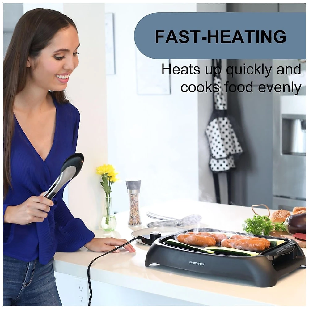 Churrasqueira Elétrica OVENTE com Revestimento Antiaderente de 33x25cm, 1000W, Controle de Temperatura, Placa de Grelhar e Bandeja
