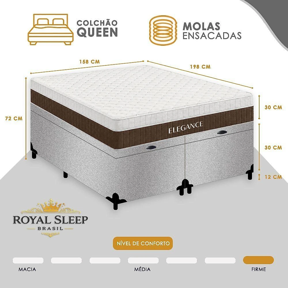 Cama Box com Baú Queen Elegance Euro Pillow Molas Ensacadas Suede Branco Royal