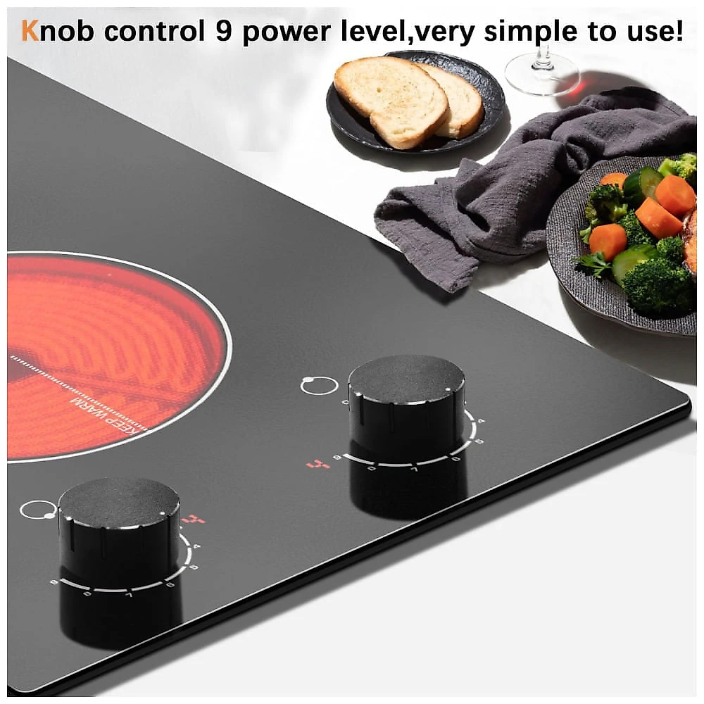 Cooktop Elétrico Karinear 110V 2 Bocas 30 cm Controle de Botão Cooktop Cerâmico Embutido, 9 Níveis de Aquecimento, Aviso de Superfície Quente,