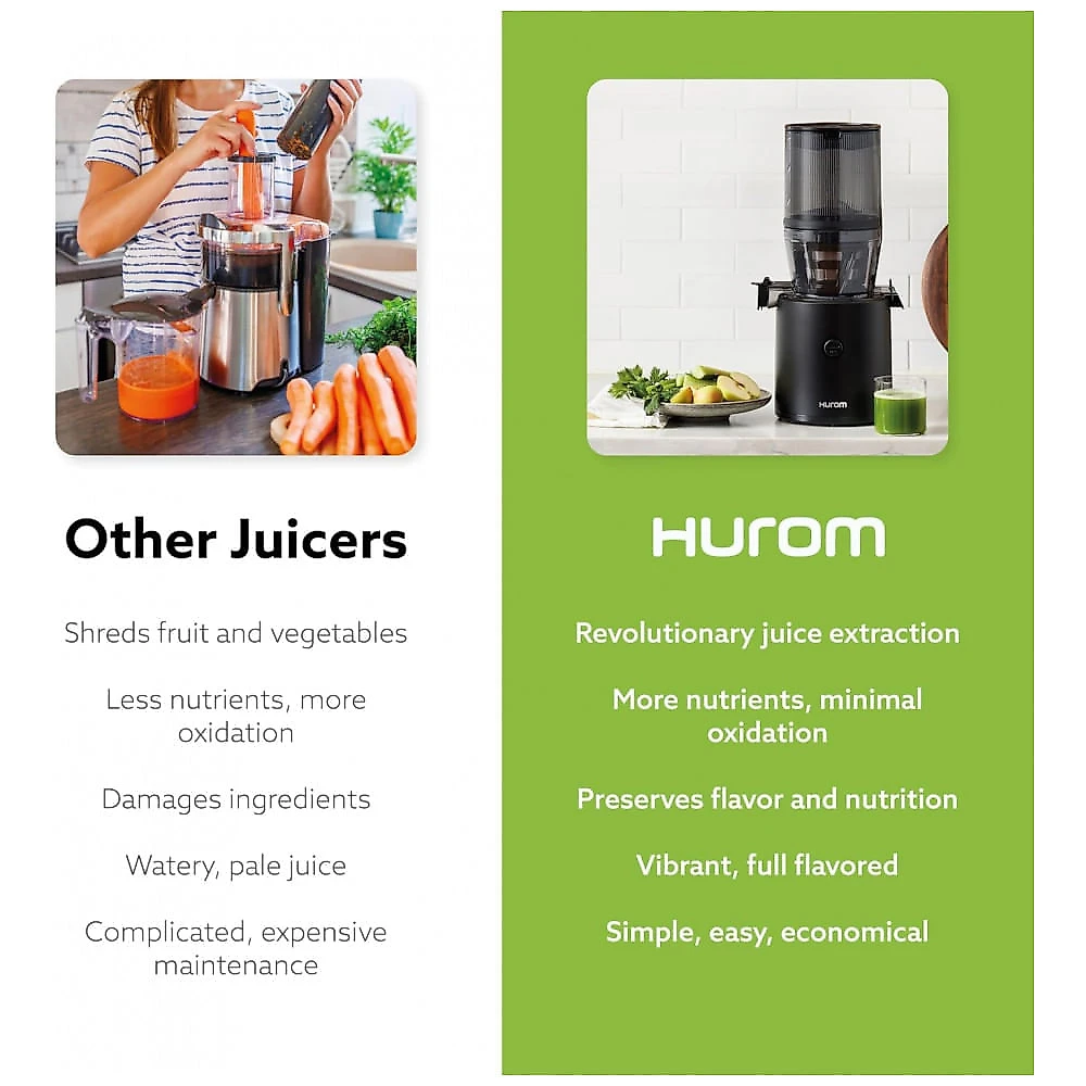 Extrator de Sucos Hurom Black H320 com Conjunto de Facas de Aço Alemão, Máquina de Suco de Pressão a Frio Autocomedora, Lâminas Revestidas