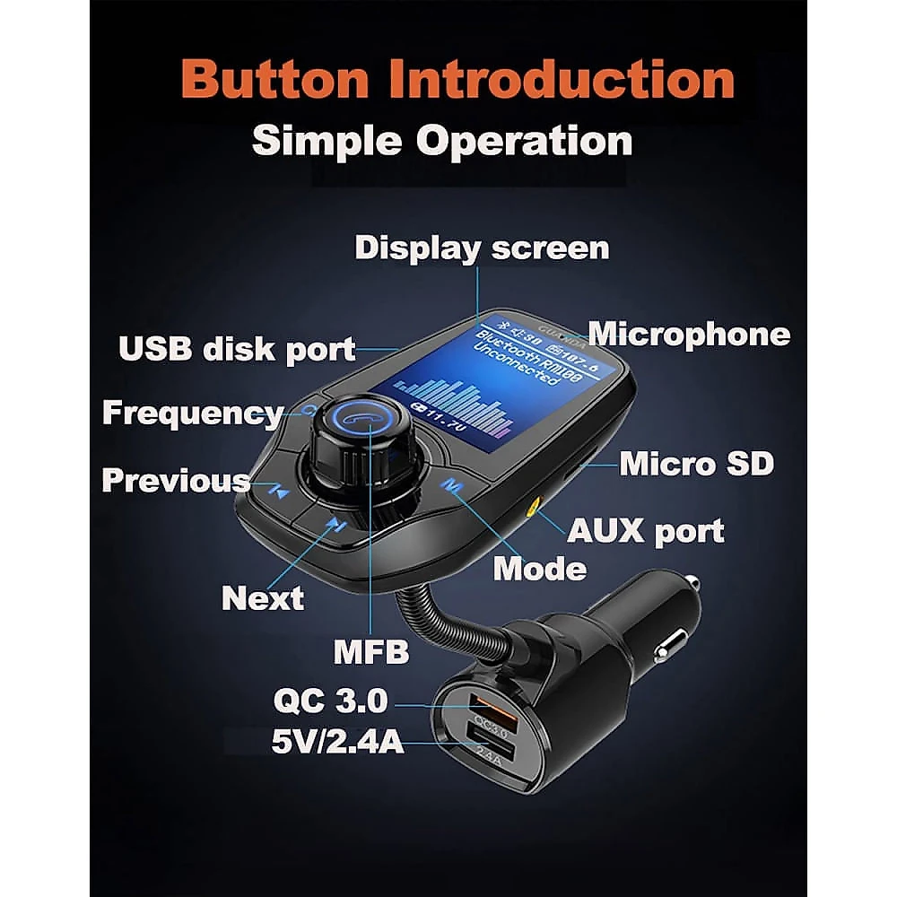 GUANDA TECHNOLOGIES CO LTD Adaptador Transmissor Bluetooth FM Veicular USBAUX Preto