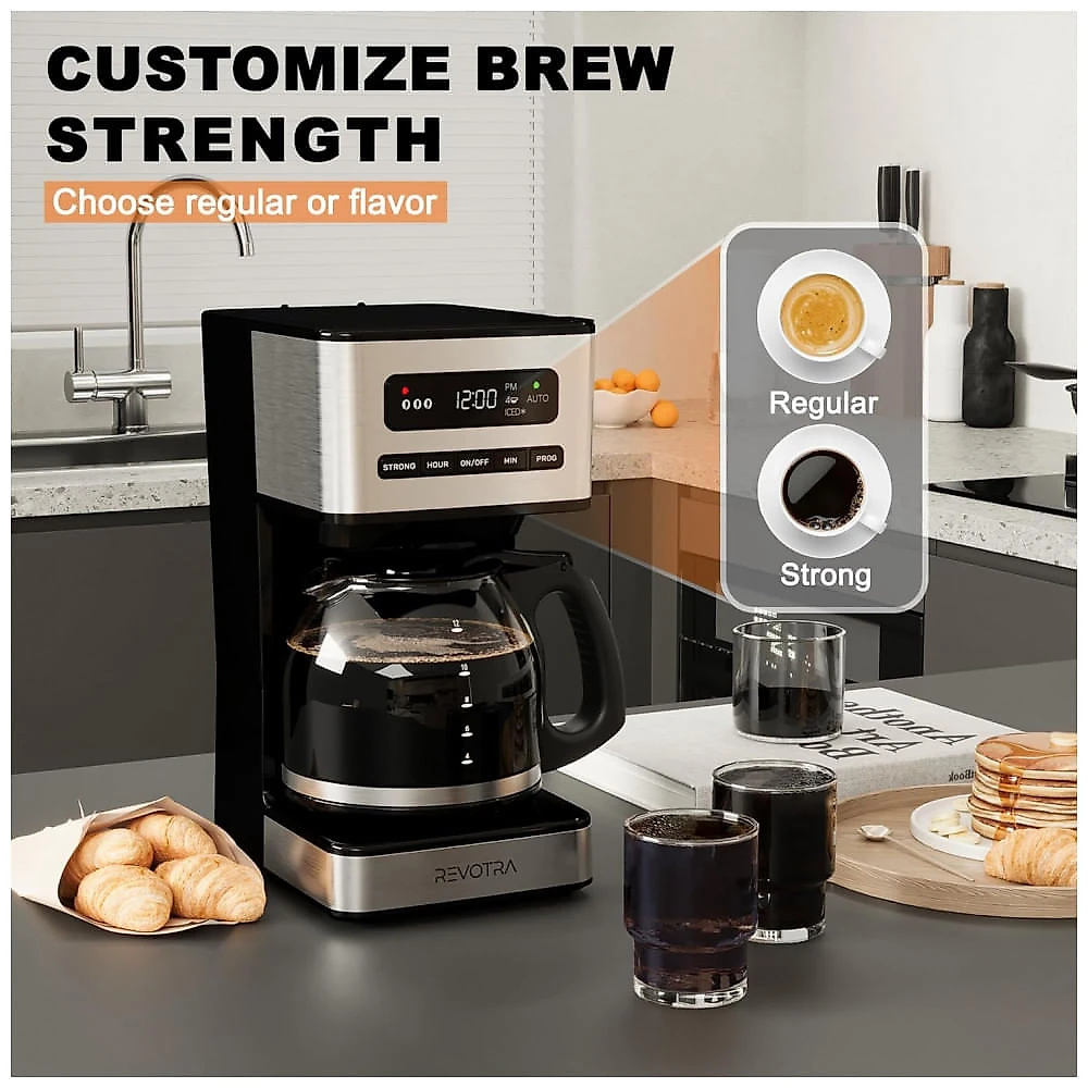 Cafeteira Programável de 12 xícaras, Filtro de Café Drip Regular e Forte, 14 xícaras e Configuração para Café Gelado, Timer 24h, REVOTRA