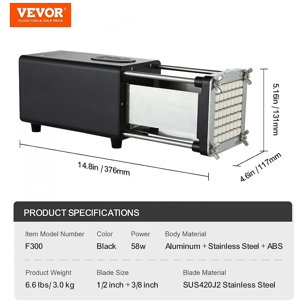 Cortador Elétrico de Batata Frita VEVOR F300 Preto 2 Lâminas Inox Removíveis 110V