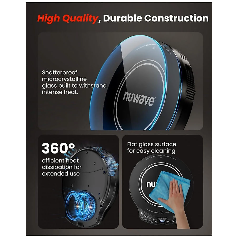 Cooktop de Indução Portátil Nuwave Diamond com Sonda, Queimador Avançado para Bancada, 91 Temperaturas de 37,7°C a 260°C, Vidro Cerâmico