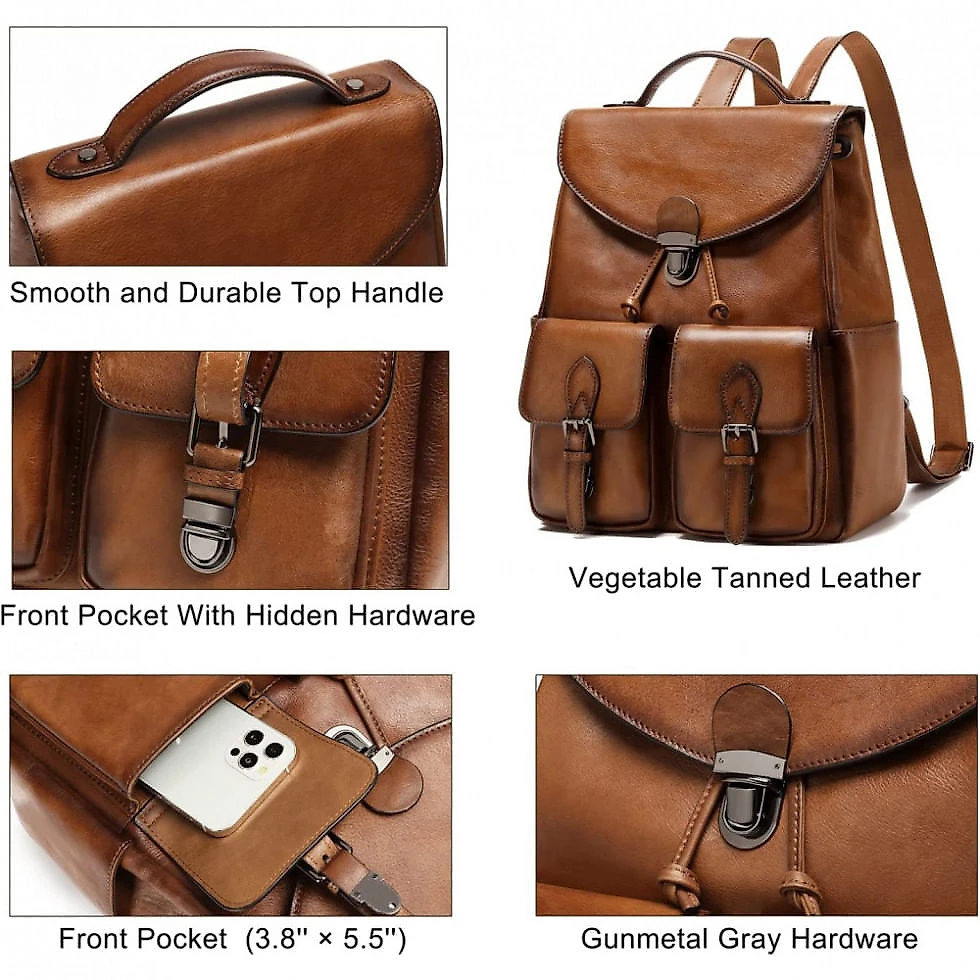 Mochila Feminina para Laptop de Couro, COOLCY, Marrom