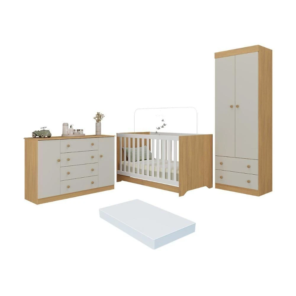 Quarto De Bebê Completo Berço Americano 3x1 Colchão Encanto Multimóveis MP4609 Madeirado-off White