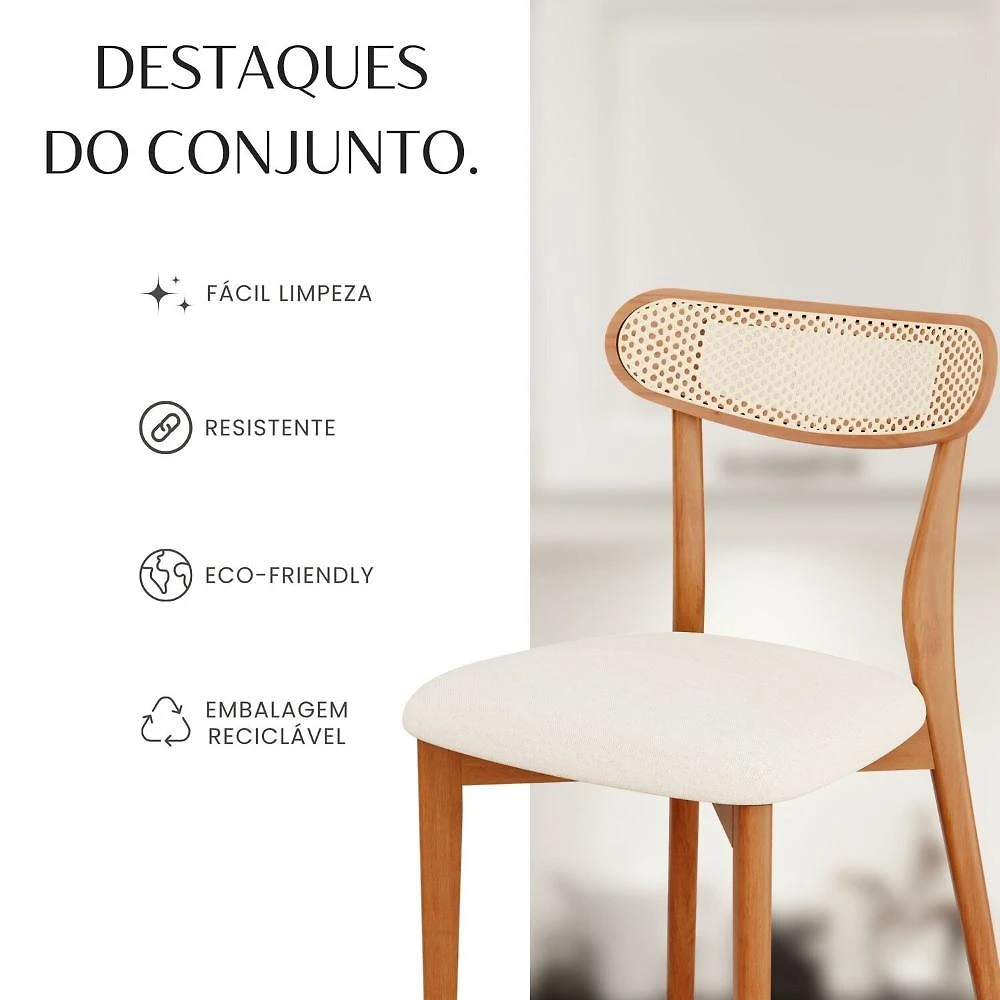 Conjunto Sala de Jantar Mesa 180x80cm Tampo em Mdf Laminado 6 Cadeiras Ceci Natural