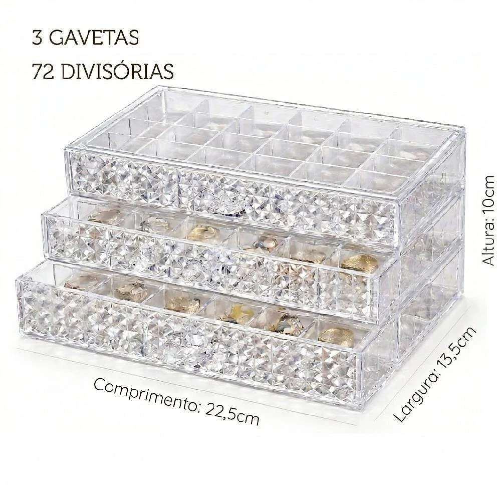 Porta Joias Organizador m 72 Divisórias Acrílico 3 Gavetas Transparente para Acessórios Yeet 13,5CM