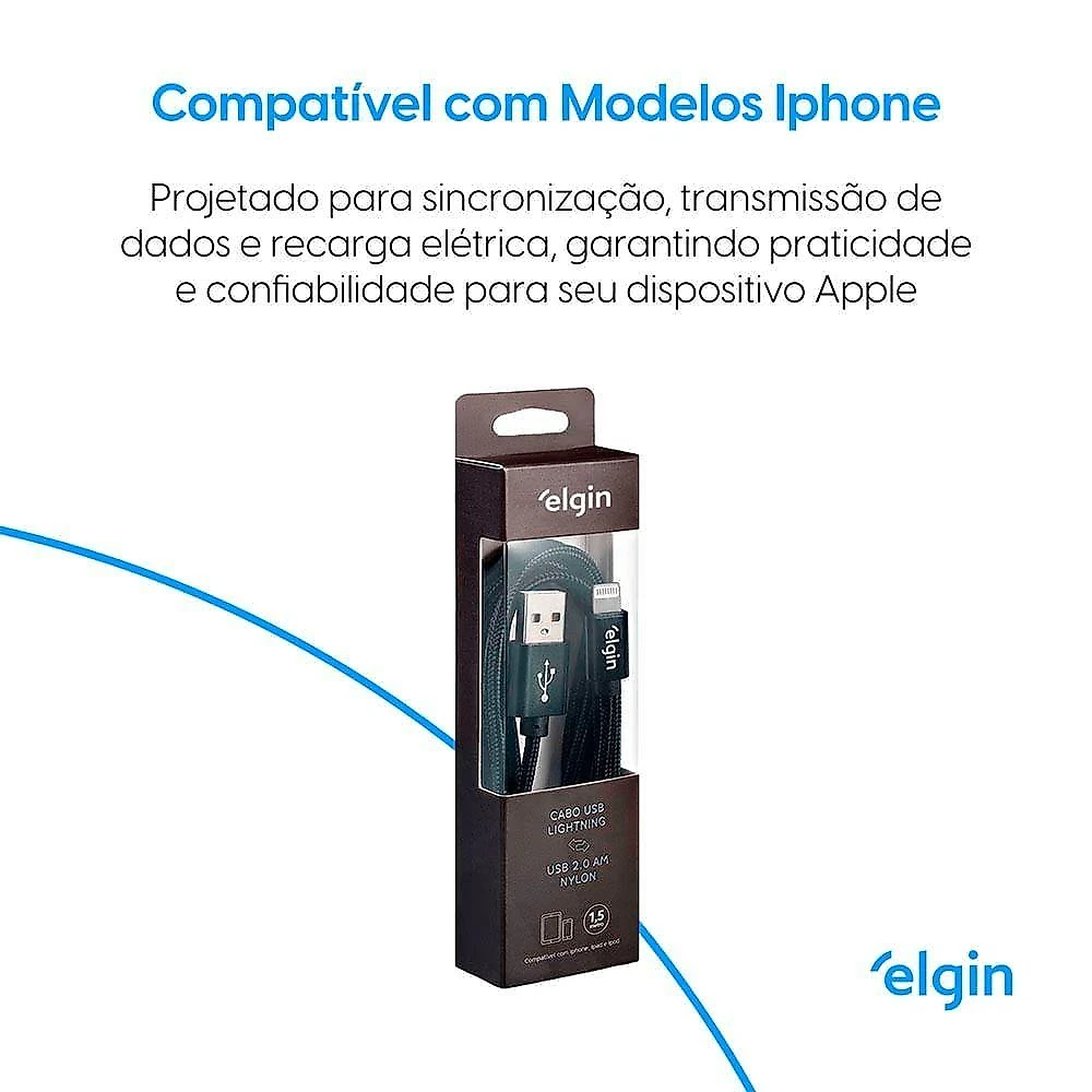 Cabo USB Lightning 2.0 Nylon 1,5m 480Mbps Preto Apple Elgin