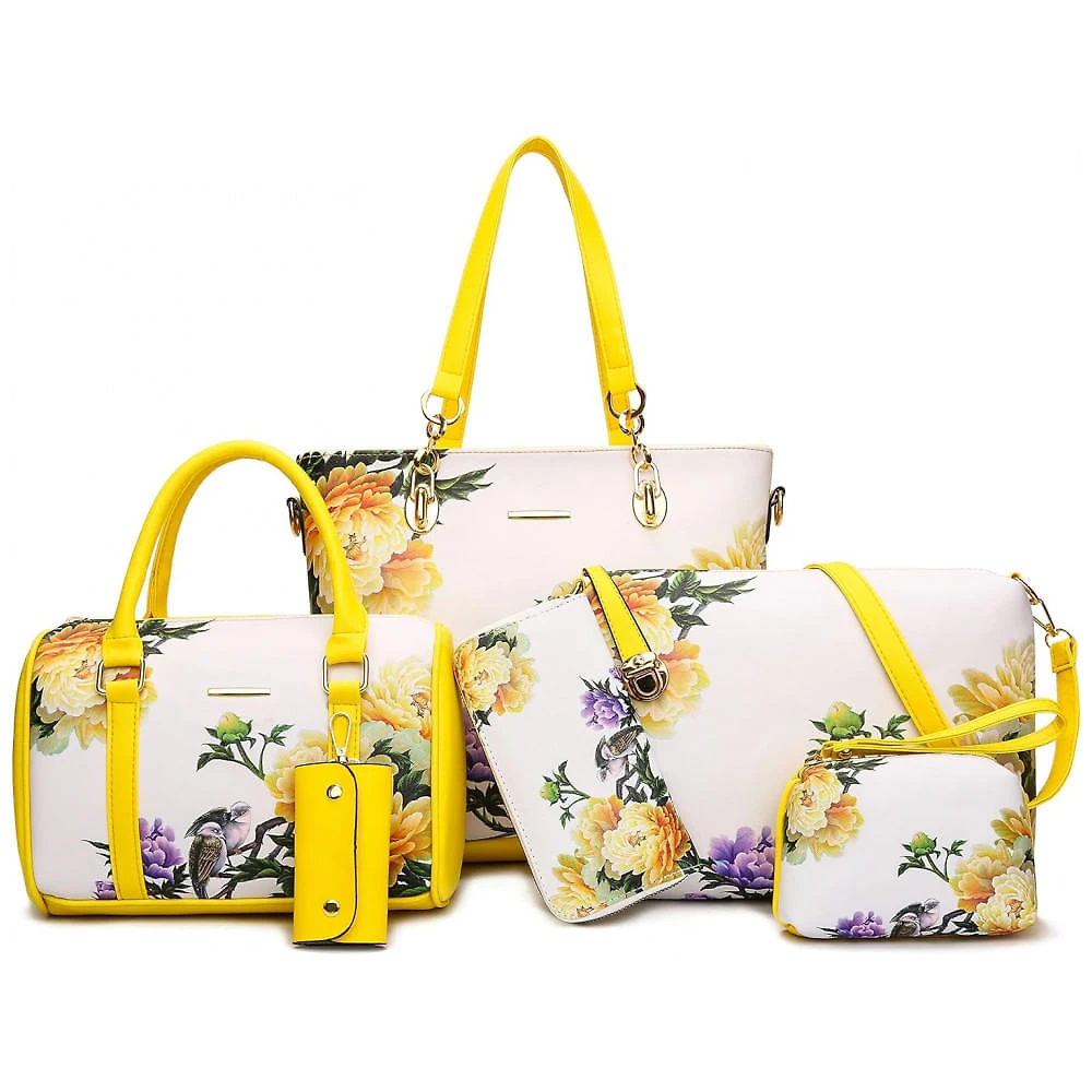 Conjunto de Bolsas Femininas 6 Peças com Carteira, 2E youth, Amarelo Florido