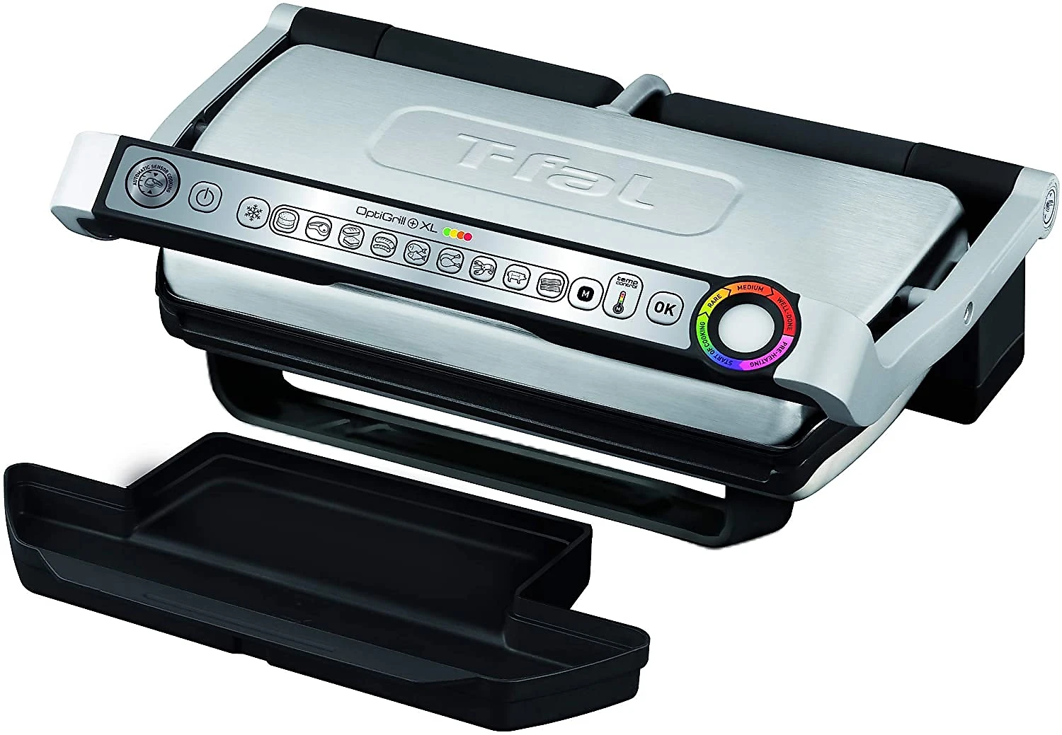 Tfal GC722D53 1800W OptiGrill XL Stainless Steel Large Indoor Electric Grill with Removable and Dishwasher Safe Plates Silver