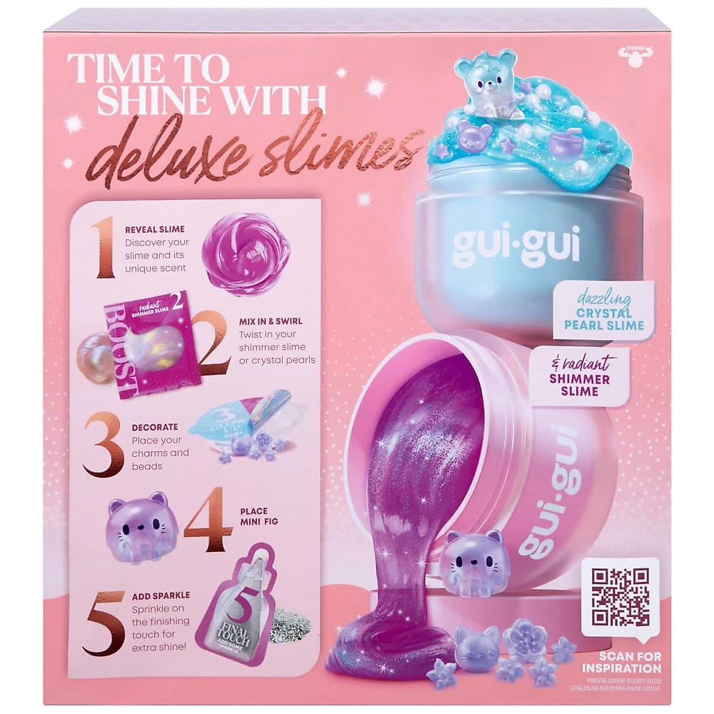 Kit Deluxe Gui Gui com 2 Slimes Iridescentes e Perfumadas, 5 Passos para Personalizar seu Slime GlowUp, Recipiente Lacrável e Reutilizável